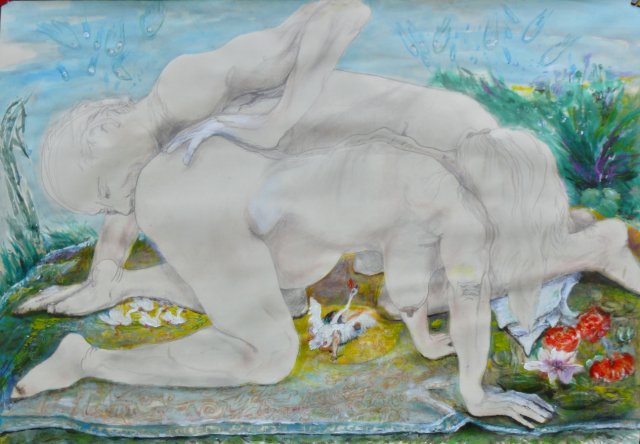 Allegorie der Begegnung - Sinnbild der menschl. Kommunikation des Sich-Beriechens,  70 x 100 cm, 2025