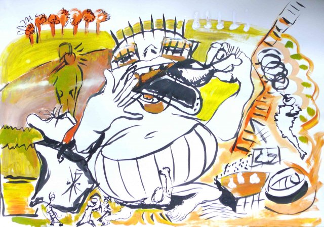 2019, eat eat eat II, 70 x 100 cm, chinese ink, acrylic on paper, june 2019
