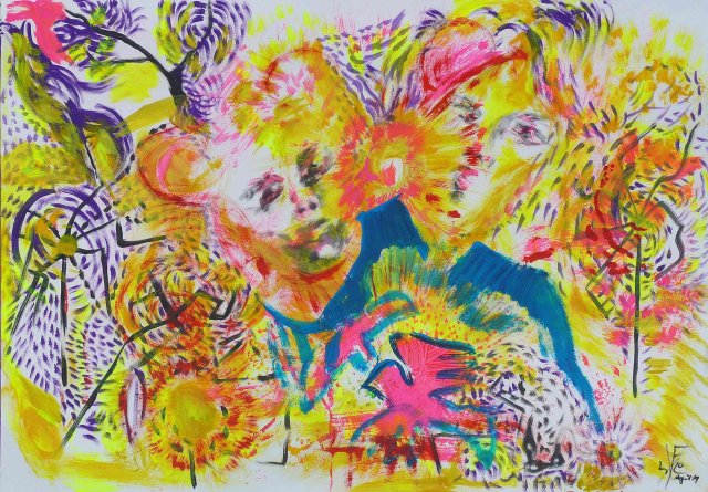 2019, multiple suns I, 70 x 100 cm, acrylic on paper, aug 2019